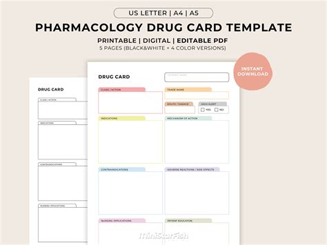 Editable Drug Card Template Nursing Pharmacology Printable Card