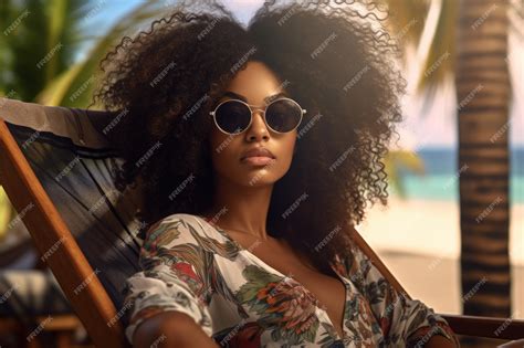 Premium Photo Portrait Of Happy Young Black Woman Relaxing On Wooden Deck Chair At Tropical