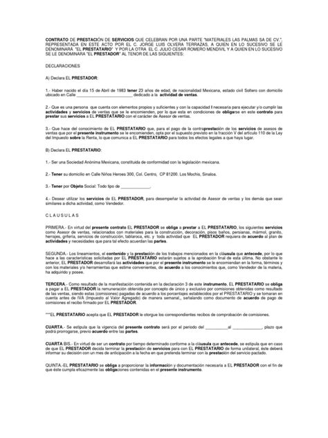 Contrato De Prestación De Servicios Que Celebran Por Una Parte Pdf