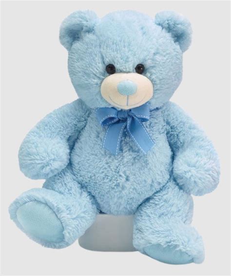 a blue teddy bear sitting on top of a white base with a bow around it's ...