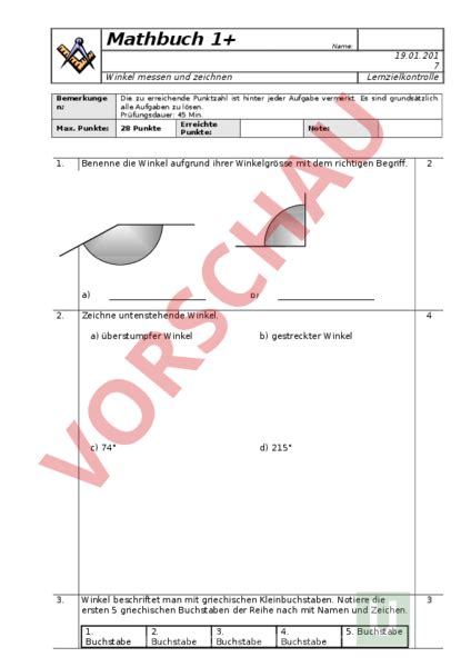 Arbeitsblatt Prüfung Winkel messen und zeichnen Mathematik Anderes