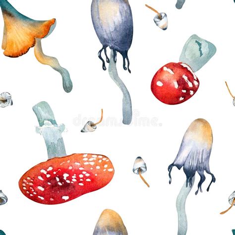 Toadstool And Fly Agaric Watercolor Seamless Pattern Isolated On White