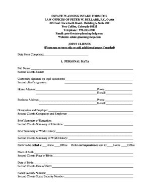 Fillable Online Intake Form For A Couple Law Offices Of Peter W