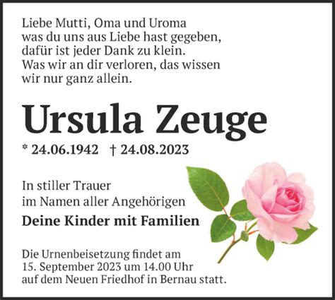 Traueranzeigen Von Ursula Zeuge M Rkische Onlinezeitung Trauerportal