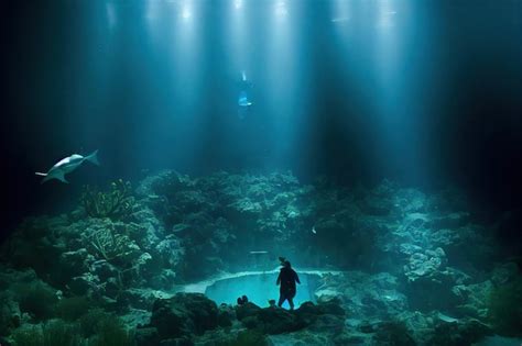 Premium Photo Deep Dark Ocean Floor And Diver Underwater View With A