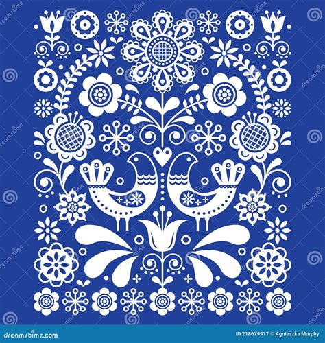 Scandinavian Cute Folk Art Vector Decoration With Birds And Flowers