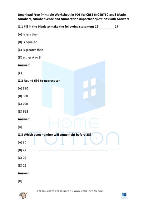 Cbse Class 3 Maths Numbers Number Sense And Numeration Worksheet Free Pdf Home Tution