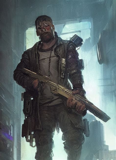 Krea Dwarvish Cyberpunk Cop Loading Shotgun Shadowrun Portrait By