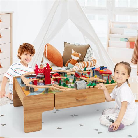 Kids Double-Sided Wooden Train Table Playset with Storage Drawer - Costway