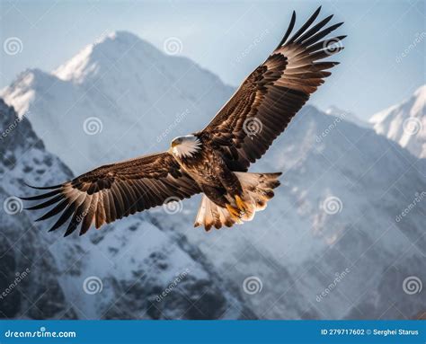 A Bald Eagle Soaring Over A Snowy Mountain Range Generative Ai Image