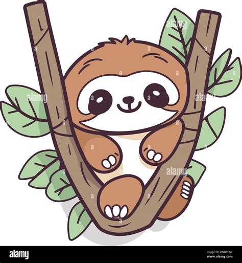 Cute Cartoon Sloth Hanging On A Tree Vector Illustration Stock Vector