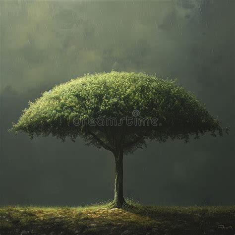 A Single Tree Standing Tall In A Foggy Meadow Stock Illustration