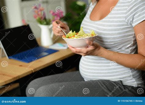 Pregnant Woman Eating A Healthy Salad At Home Stock Image Image Of