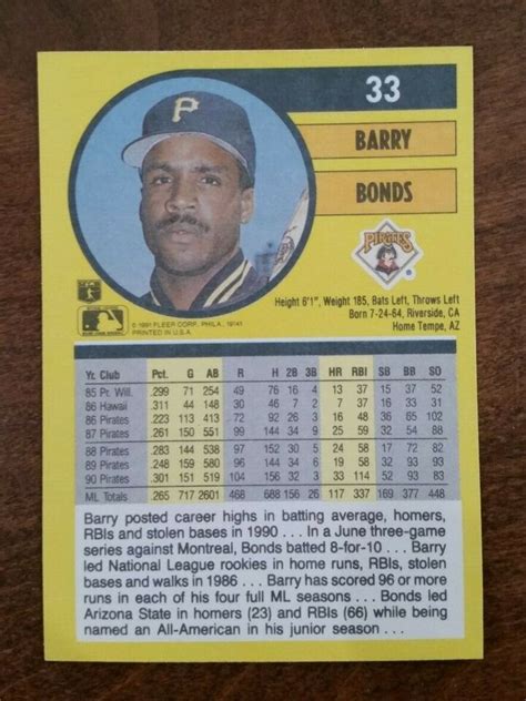 Fleer Pittsburgh Pirates Baseball Card Barry Bonds Sharp