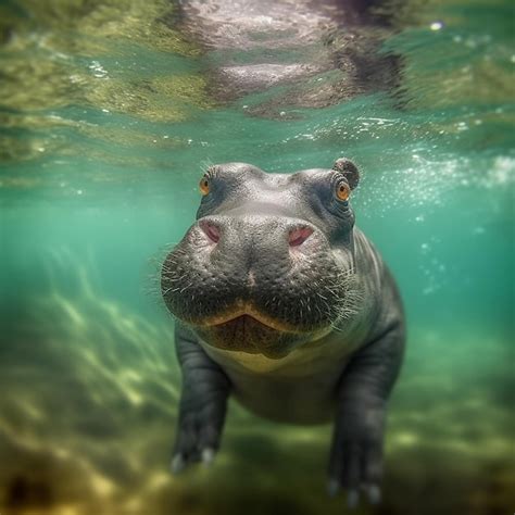 Premium AI Image | Cute baby hippo swimming underwater Generative AI