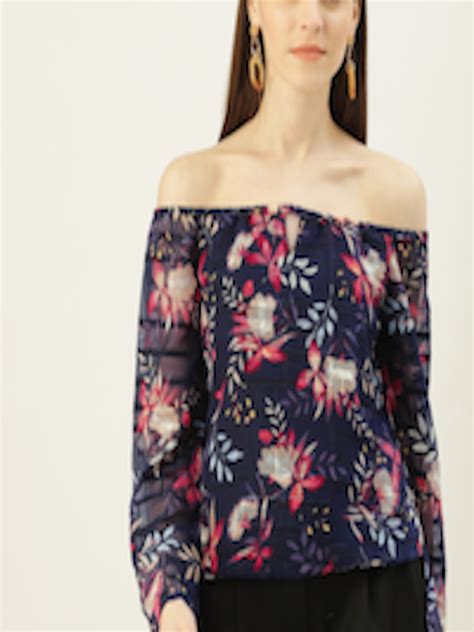 Buy Mast And Harbour Navy Blue Floral Print Off Shoulder Blouson Top