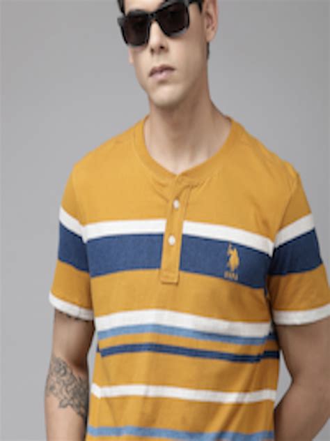 Buy U S Polo Assn Men Mustard Yellow Blue Striped Henley Neck Pure