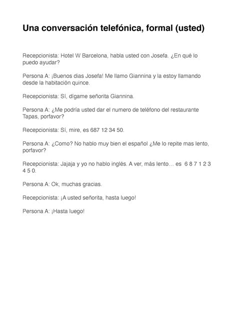 Una conversación telefónica formal usted Una conversación