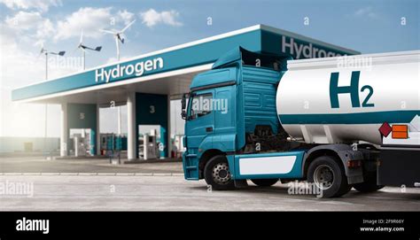 Truck With Hydrogen Fuel Tank Trailer On A Background Of H2 Filling