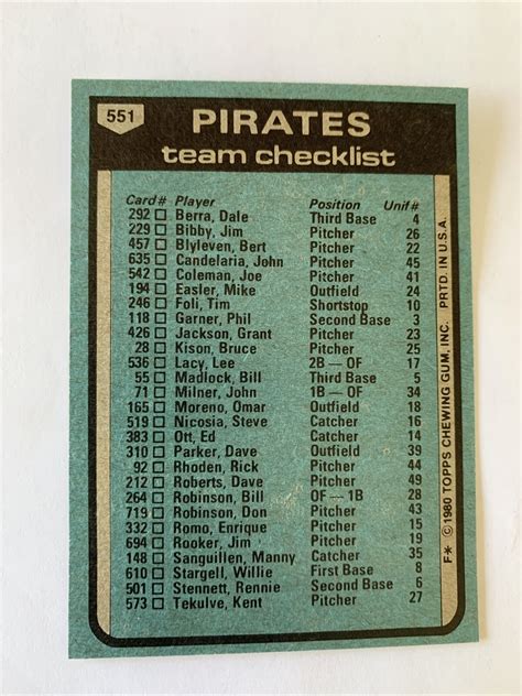 1980 TOPPS 551 PITTSBURGH PIRATES TEAM CHECKLIST CHUCK TANNER NMMT