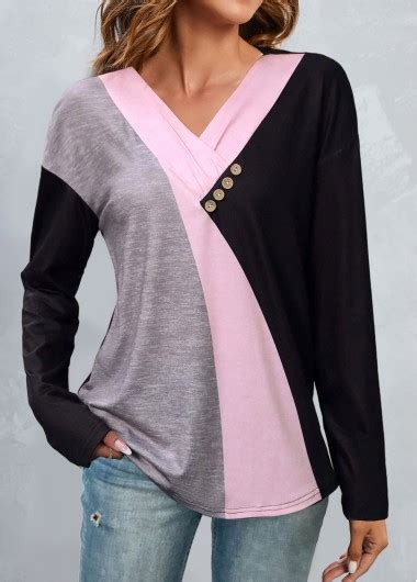 Black Patchwork Long Sleeve V Neck T Shirt Modlily Usd