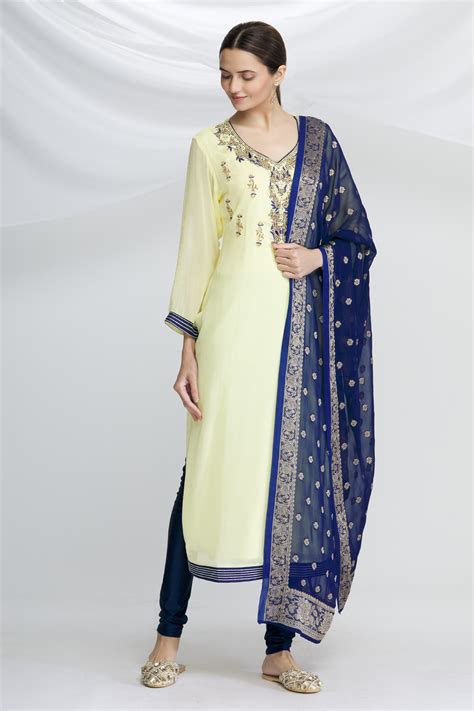 Buy Samyukta Singhania Yellow Viscose Georgette Embroidered Kurta Set