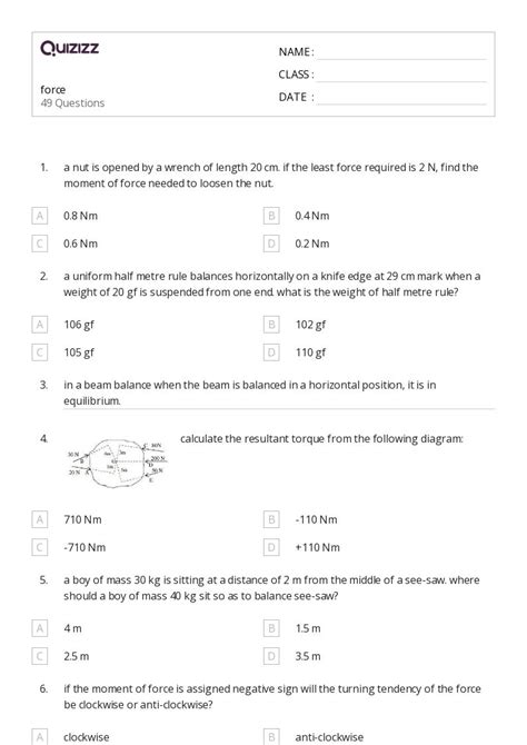 Torque And Equilibrium Worksheets For Th Class On Quizizz Free