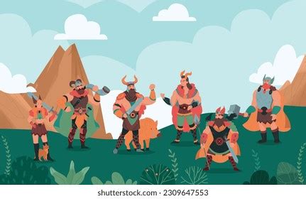 Scandinavian Landscape Norse Gods Cartoon Characters Stock Vector ...