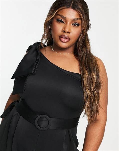 Asos Design Curve Scuba Bow One Shoulder Belted Jumpsuit In Black