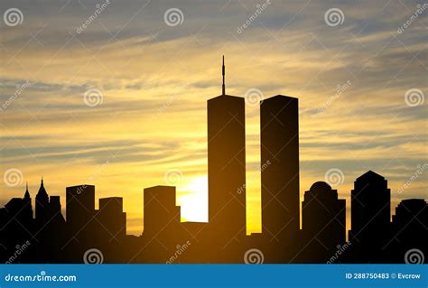 New York Skyline Silhouette With Twin Towers And Against The Sunset