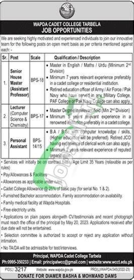 Wapda Cadet College Tarbela Jobs Latest Advertisement