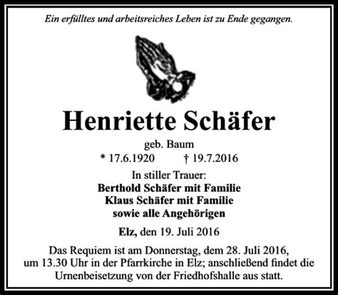 Traueranzeigen von Henriette Schäfer trauer rheinmain de