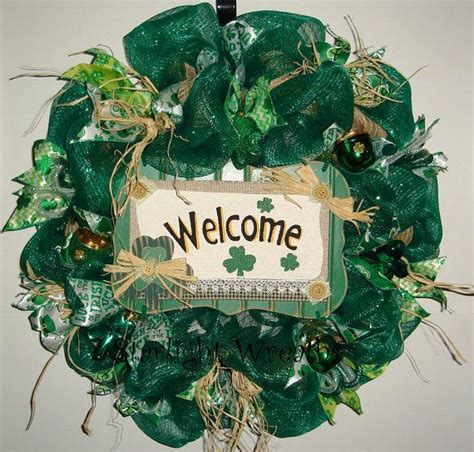 Welcome In The Green Shamrock Burlap And Mesh Wreath St Etsy Mesh