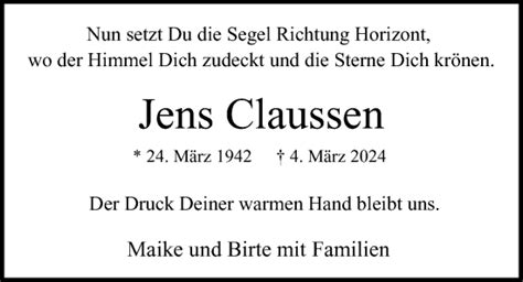 Traueranzeigen Von Jens Claussen HamburgerTRAUER De