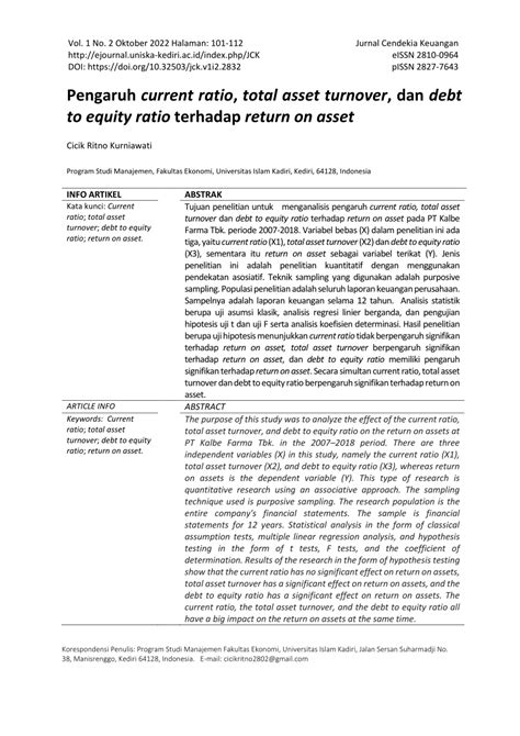 PDF Pengaruh Current Ratio Total Asset Turnover Dan Debt To Equity