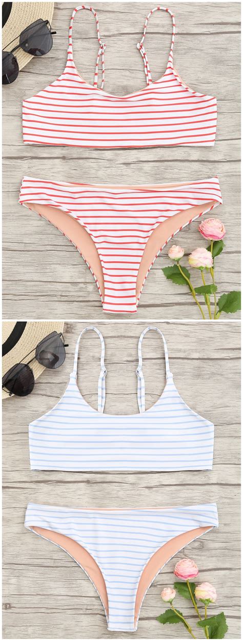 Cami Striped Bralette Bikini Set Blue Red White Yellow Bralette