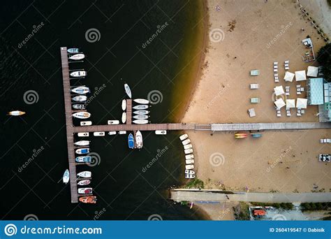 Aerial Top View Of Boats Near Wooden Pier At Lake Stock Image Image