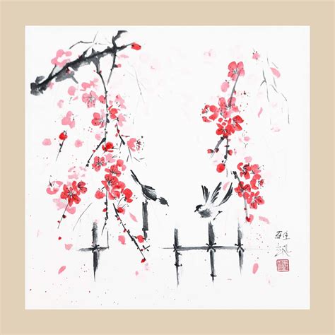 Vibrant Cherry Blossom Branch, Original Square Sumi-e Painting, Ink and ...