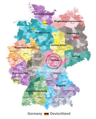 Niemcy map wektorowych zabarwiona państw i powiatów z podziałów