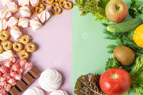 Healthy And Unhealthy Food Fruits Vegetables Vs Fast Food And Sweets