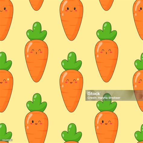 Seamless Pattern Of Cute Kawaii Carrot Vegetable Print With Different