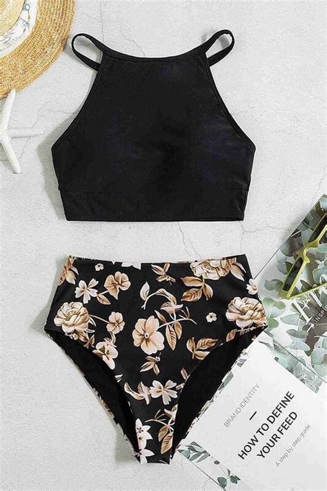 Angelsin Yüksek Bel Baskılı Tankini Bikini Takım Siyah MS4323 Stilimon