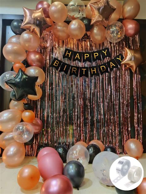 Kiena Rose Gold Birthday Decorations Combo Black Banner With Confetti