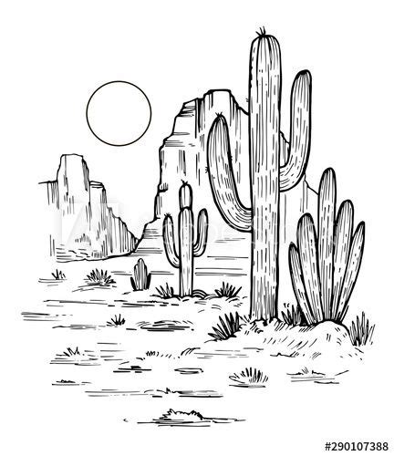 Sketch Of The Desert Of America With Cacti Prairie Landscape Hand Drawn Vector Illustration