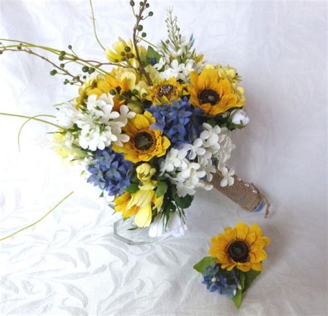 4 Piece Sunflower Wedding Country Wedding Sunflower Bouquet Set Twine Wrap Country Chic Bouquet