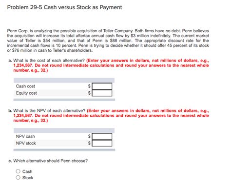 Solved Problem Cash Versus Stock As Payment Penn Corp Chegg