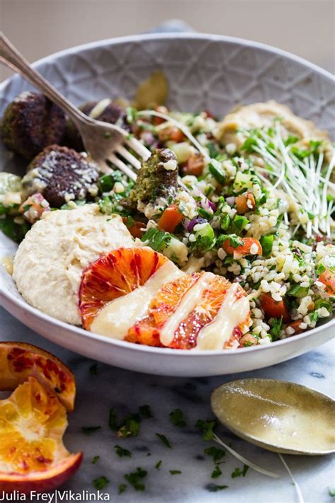 Falafel With Tabouleh Hummus And Baba Ganoush Falafel Salad Falafel