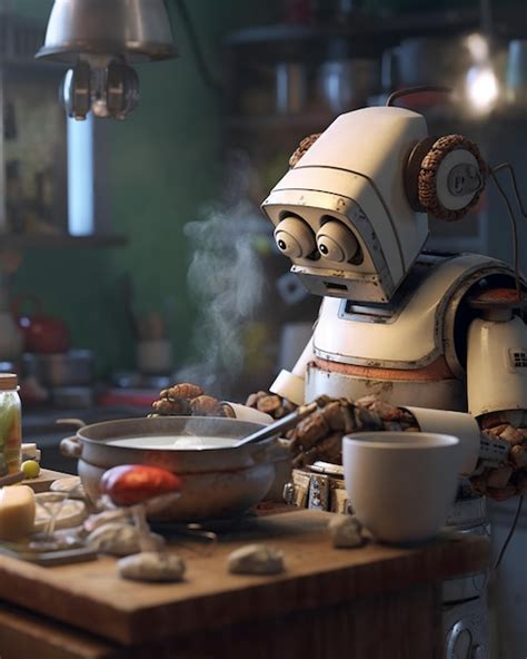 Premium AI Image | Robot cooking in a kitchen with a pan on the table