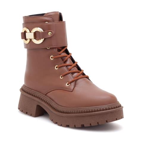 Coturno Feminino Bota Tratorado Cano Curto Couro Ziper Metal Marrom