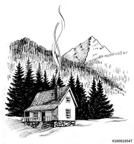 Cabin in the mountains. Black and white ink drawing | Tuschezeichnungen ...